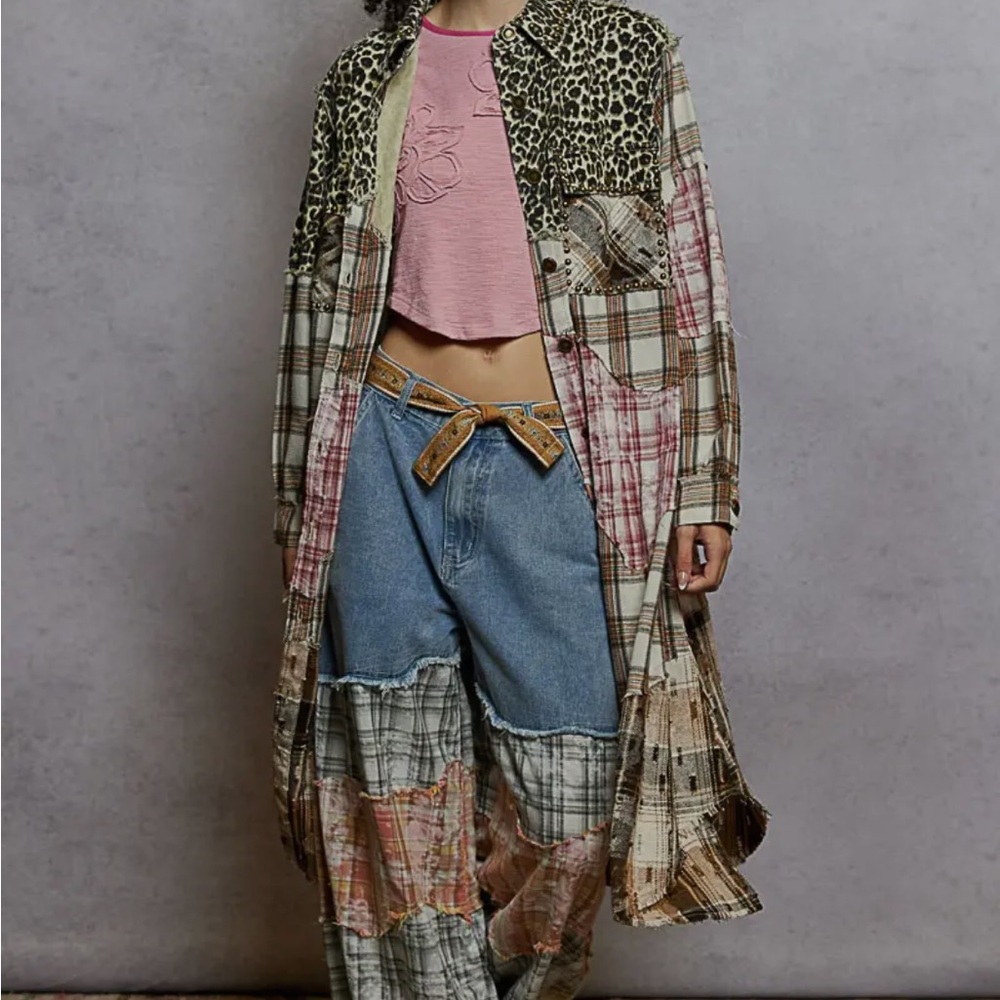 POL Leopard and Plaid Patchwork Duster Coat- new in vendor package